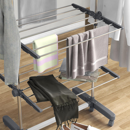 Four-Shelf Collapsible Clothes Horse with Side Arms and Wheels - Grey