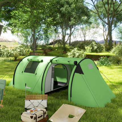 Four Man Tunnel Tent with Rain Protection and Two-Room Design - Green