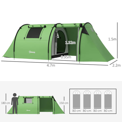 Four Man Tunnel Tent with Rain Protection and Two-Room Design - Green