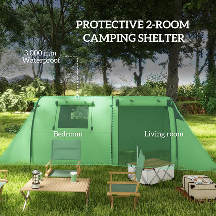 Four Man Tunnel Tent with Rain Protection and Two-Room Design - Green