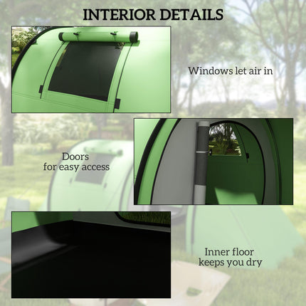 Four Man Tunnel Tent with Rain Protection and Two-Room Design - Green
