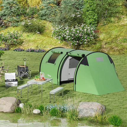 Four Man Tunnel Tent with Rain Protection and Two-Room Design - Green