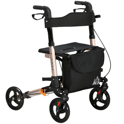 4 Wheel Rollator Walker with Seat, Backrest, Dual Brakes & Cane Holder, Adjustable Height, Folding Aluminium Frame - Gold Tone