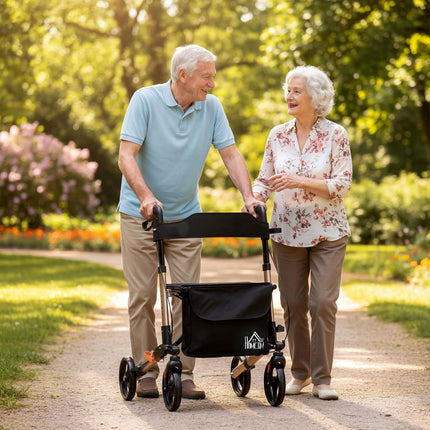 4 Wheel Rollator Walker with Seat, Backrest, Dual Brakes & Cane Holder, Adjustable Height, Folding Aluminium Frame - Gold Tone