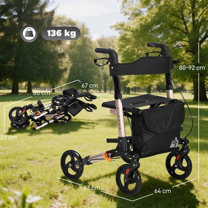 4 Wheel Rollator Walker with Seat, Backrest, Dual Brakes & Cane Holder, Adjustable Height, Folding Aluminium Frame - Gold Tone