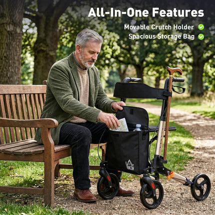 4 Wheel Rollator Walker with Seat, Backrest, Dual Brakes & Cane Holder, Adjustable Height, Folding Aluminium Frame - Gold Tone