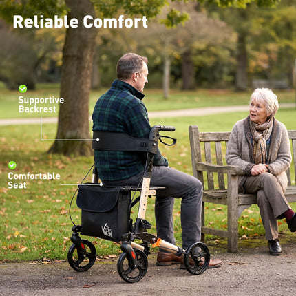 4 Wheel Rollator Walker with Seat, Backrest, Dual Brakes & Cane Holder, Adjustable Height, Folding Aluminium Frame - Gold Tone