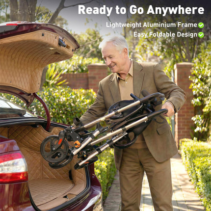 4 Wheel Rollator Walker with Seat, Backrest, Dual Brakes & Cane Holder, Adjustable Height, Folding Aluminium Frame - Gold Tone
