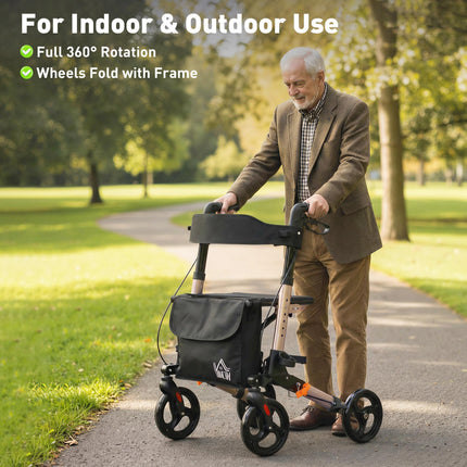 4 Wheel Rollator Walker with Seat, Backrest, Dual Brakes & Cane Holder, Adjustable Height, Folding Aluminium Frame - Gold Tone