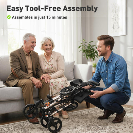 4 Wheel Rollator Walker with Seat, Backrest, Dual Brakes & Cane Holder, Adjustable Height, Folding Aluminium Frame - Gold Tone