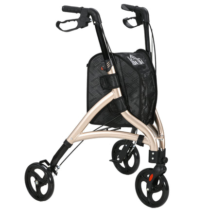 Lightweight Aluminium 3 Wheel Rollator with Adjustable Handle, Dual Brakes, Storage Bag & Folding - Gold Tone