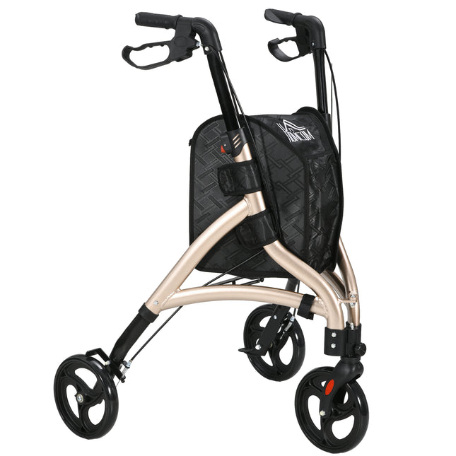 Lightweight Aluminium 3 Wheel Rollator with Adjustable Handle, Dual Brakes, Storage Bag & Folding - Gold Tone