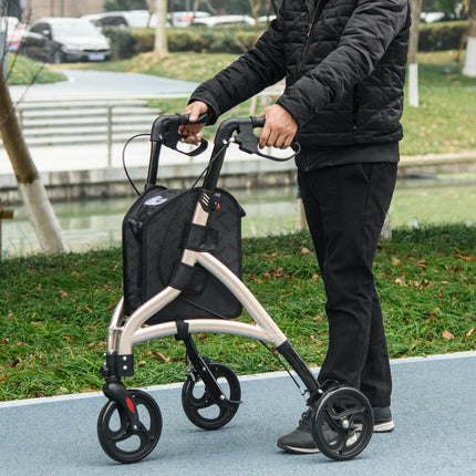 Lightweight Aluminium 3 Wheel Rollator with Adjustable Handle, Dual Brakes, Storage Bag & Folding - Gold Tone