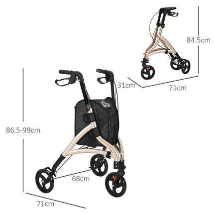 Lightweight Aluminium 3 Wheel Rollator with Adjustable Handle, Dual Brakes, Storage Bag & Folding - Gold Tone