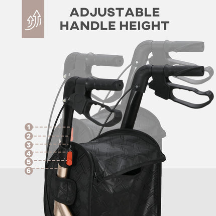 Lightweight Aluminium 3 Wheel Rollator with Adjustable Handle, Dual Brakes, Storage Bag & Folding - Gold Tone