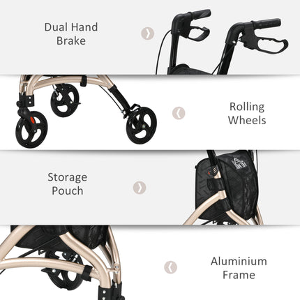 Lightweight Aluminium 3 Wheel Rollator with Adjustable Handle, Dual Brakes, Storage Bag & Folding - Gold Tone