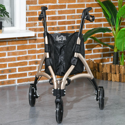Lightweight Aluminium 3 Wheel Rollator with Adjustable Handle, Dual Brakes, Storage Bag & Folding - Gold Tone