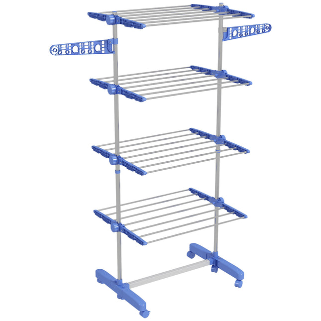 Four-Shelf Collapsible Clothes Horse with Side Arms and Wheels - Blue