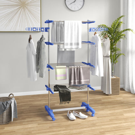 Four-Shelf Collapsible Clothes Horse with Side Arms and Wheels - Blue