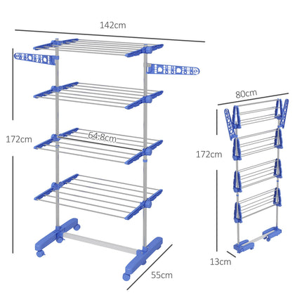 Four-Shelf Collapsible Clothes Horse with Side Arms and Wheels - Blue
