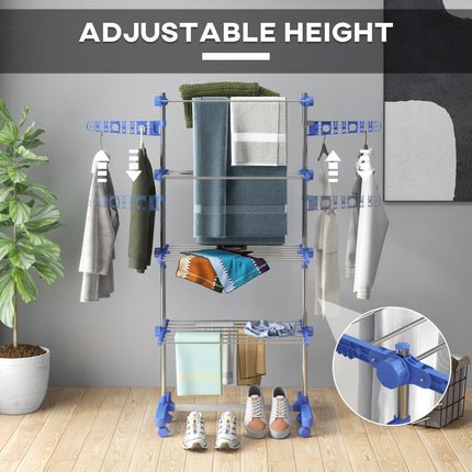 Four-Shelf Collapsible Clothes Horse with Side Arms and Wheels - Blue