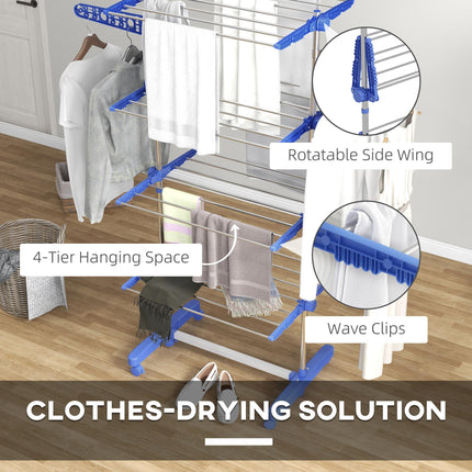 Four-Shelf Collapsible Clothes Horse with Side Arms and Wheels - Blue