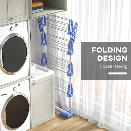 Four-Shelf Collapsible Clothes Horse with Side Arms and Wheels - Blue