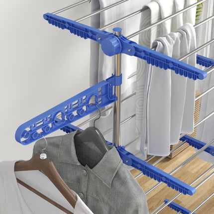 Four-Shelf Collapsible Clothes Horse with Side Arms and Wheels - Blue