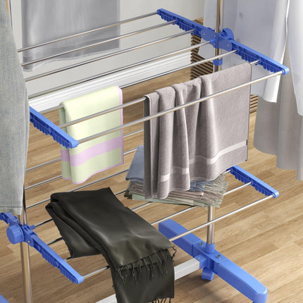 Four-Shelf Collapsible Clothes Horse with Side Arms and Wheels - Blue