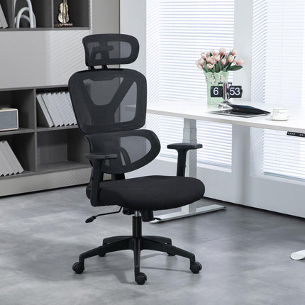 Height Adjustable Mesh Office Chair with Lumbar Support, Swivel Wheels & Adjustable Headrest - Black