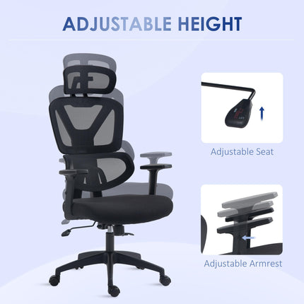 Height Adjustable Mesh Office Chair with Lumbar Support, Swivel Wheels & Adjustable Headrest - Black