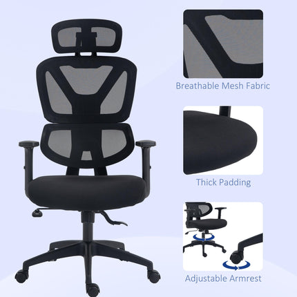 Height Adjustable Mesh Office Chair with Lumbar Support, Swivel Wheels & Adjustable Headrest - Black