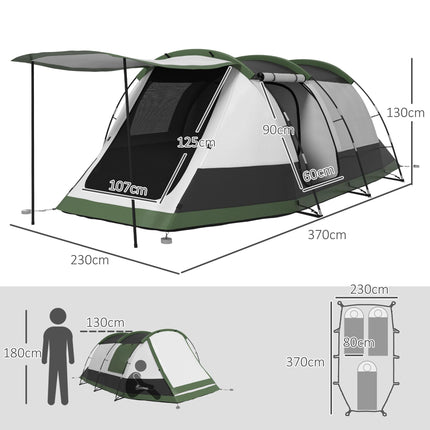 Three-Person Two-Room Camping Tent with Porch - Green