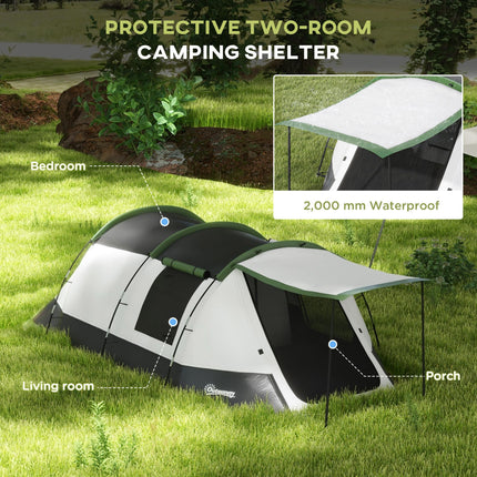 Three-Person Two-Room Camping Tent with Porch - Green