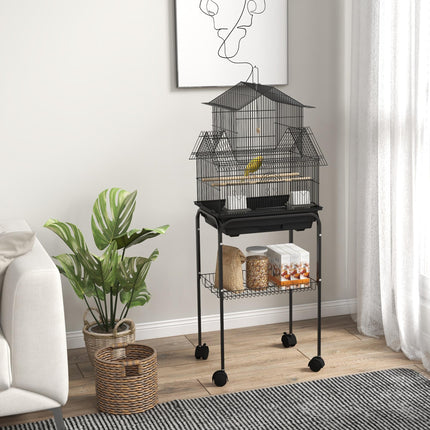 Metal Bird Cage for Finches, Canaries, Budgies with Swing, Perch, Food Container & Tray 50.5x40x63cm - Black
