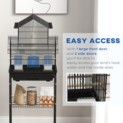 Metal Bird Cage for Finches, Canaries, Budgies with Swing, Perch, Food Container & Tray 50.5x40x63cm - Black