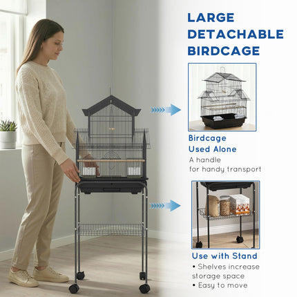 Metal Bird Cage for Finches, Canaries, Budgies with Swing, Perch, Food Container & Tray 50.5x40x63cm - Black