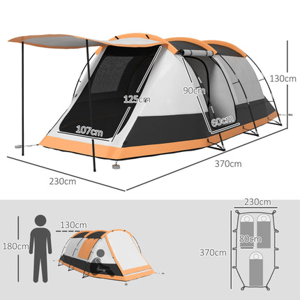 Three-Man Camping Tent with Two Rooms and Porch - Orange