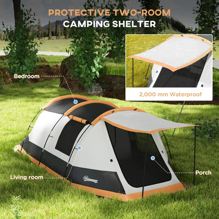 Three-Man Camping Tent with Two Rooms and Porch - Orange