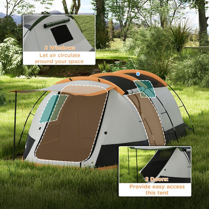 Three-Man Camping Tent with Two Rooms and Porch - Orange