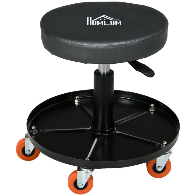 Pneumatic Adjustable Workshop Mechanic Stool with Tool Tray and Wheels - Black