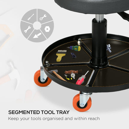 Pneumatic Adjustable Workshop Mechanic Stool with Tool Tray and Wheels - Black