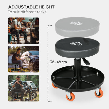 Pneumatic Adjustable Workshop Mechanic Stool with Tool Tray and Wheels - Black