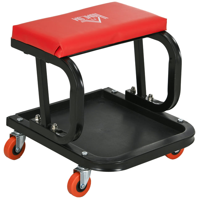 Rolling Workshop Mechanic Stool with 360° Swivel, Padded Seat & Tool Tray - Red