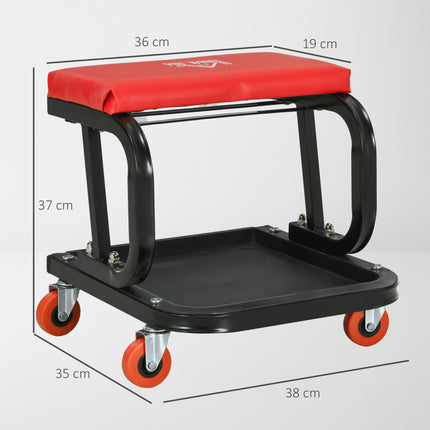 Rolling Workshop Mechanic Stool with 360° Swivel, Padded Seat & Tool Tray - Red