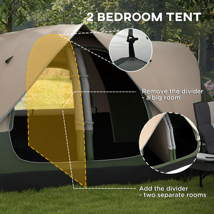 Waterproof Camping Tent for 6-8 People with Two-Room Layout - Dark Green