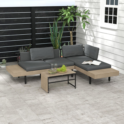 3 Piece L Shaped Garden Sofa Set with Cushions and Coffee Table - Grey