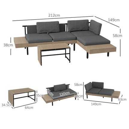3 Piece L Shaped Garden Sofa Set with Cushions and Coffee Table - Grey