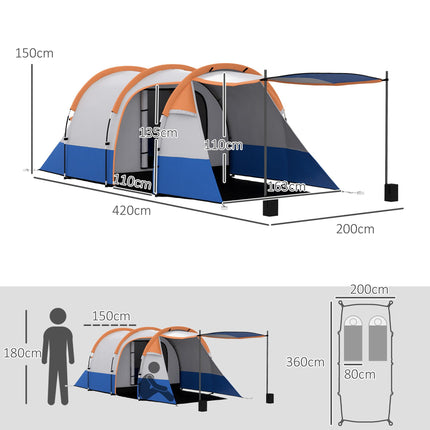Large Waterproof Camping Tunnel Tent with Bedroom, Living Area & Porch - Orange