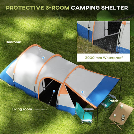 Large Waterproof Camping Tunnel Tent with Bedroom, Living Area & Porch - Orange